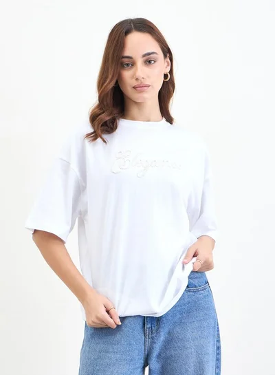 Styli White Beaded Slogan Oversized T-Shirt